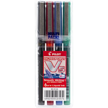 Pilot V5 Liquid Ink Rollerball 0.5mm Tip - Black/Blue/Red/Green (Pack of 4)