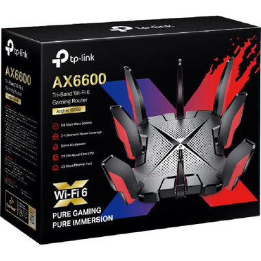 TP-Link ARCHER GX90 Gaming Router, up to 6600 Mbps, Tri-Band (2.4 GHz/5 GHz/5 GHz), Wi-Fi 6 (802.11ax), 3 Port (LAN)/2 Port (LAN/WAN), 3 Port (GbE-LAN)/2 Port (GbE-WAN/LAN), Black