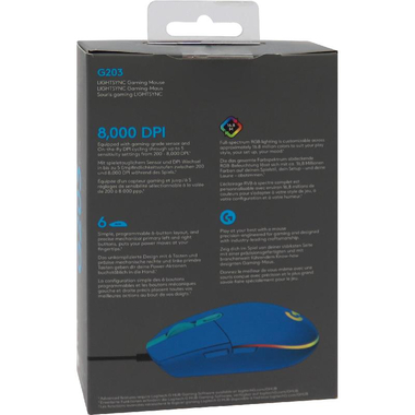 Logitech G203 LIGHTSYNC RGB Gaming Mouse, Wired, Optical, Blue