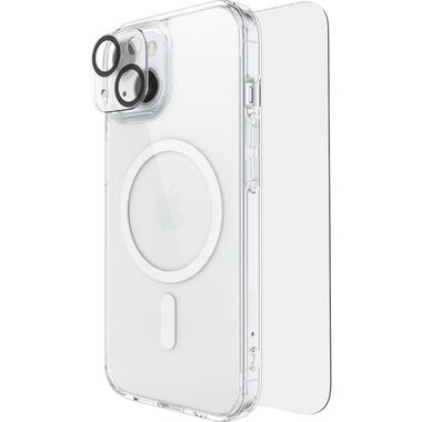 Techpick 3-in-1 Protection Pack MagSafe Hard Case + Tempered Glass + Camera Lens Protector Smartphone Case Bundle, for iPhone 15, Clear