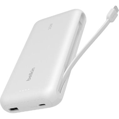 Belkin BoostCharge Power Bank 20000 mAh with Integrated Cable, PD Fast Charging, 20000 mAh, 2 USB (1X USB/1X USB-C), White