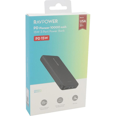 راف باور بي دي بايونير بنك طاقة، شحن سريع بتقنية (بي دي )، يو اس  بي سي‎/‎يو اس  بي ‎-‎ منفذ يو اس  بي، 10000‎ مللي امبير، اسود