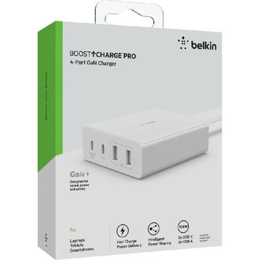 Belkin BoostCharge Pro 4-Port GaN Charger 108W, Fast Battery Charging, 108W, 4 USB (2X USB/2X USB-C), White