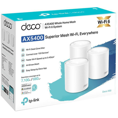 تي بي لينك باك ‎‎-‎‎ ديكو اكس 6 في3.20 3 شبكة منزلية واي فاي، حتى 5400 ميجابت في الثانية، اتصال حتى 150 جهاز، (5 جيجاهرتز‎/‎نطاق مزدوج (2.4 جيجاهرتز، 802) واي فاي 6‎.11‎ax)، 2 منفذ (LAN)، 2 منفذ (GbE)، ابيض