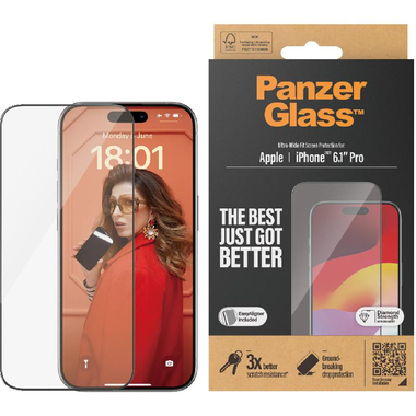 PanzerGlass Ultra-Wide Fit Smartphone Screen Protector, Tempered Glass, Clear, for iPhone 15 Pro