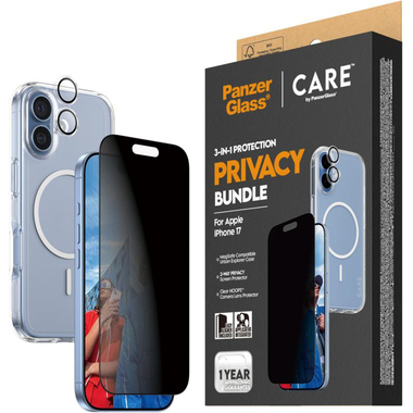 PanzerGlass 3-in-1 Pack Hard MagSafe Case + Privacy Screen Protector + Hoops Camera Lens Protector Smartphone Case Bundle, for iPhone 17, Clear