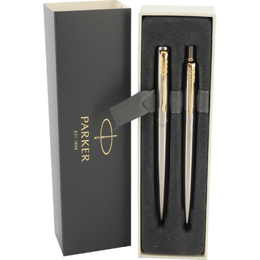 Parker Jotter Duo GT - Ballpoint + Fountain Pen Gift Set, Black Ink Color, Medium, Ballpoint;Nib Tip (Metal Framed), 2 Pieces