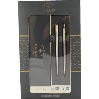 Parker Jotter Duo GT - Ballpoint + Fountain Pen Gift Set, Black Ink Color, Medium, Ballpoint;Nib Tip (Metal Framed), 2 Pieces