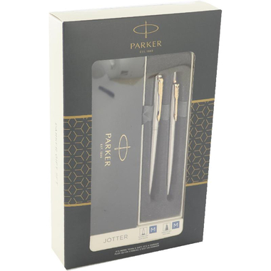 Parker Jotter Duo GT - Ballpoint + Fountain Pen Gift Set, Black Ink Color, Medium, Ballpoint;Nib Tip (Metal Framed), 2 Pieces