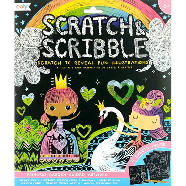 OOLY Scratch & Scribble Princess Garden Scribbler, 6 Illustrated + 4 Rainbow Scratch Card;Sticker Sheet;Scratching Tool