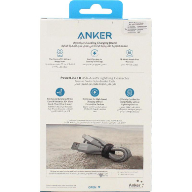 انكر باور لاين بلس 2 لايتنينج الى يو اس بي سلك شحن ونقل بيانات، 91.44 سم، 3 قدم، فضي