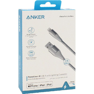 انكر باور لاين بلس 2 لايتنينج الى يو اس بي سلك شحن ونقل بيانات، 91.44 سم، 3 قدم، فضي