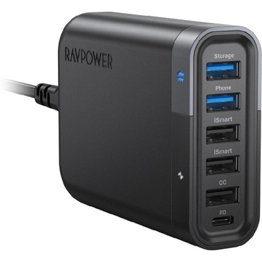 RAVPower Filehub 6-Port USB Charger, USB PD (Power Delivery), 60 Watts, 6 USB, Black