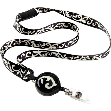 بونيتاس آي دي أفينيو حاملة بطاقة تعريف حبلية، شريط ايبوني وآيفوري مع بكرة مزينة باطار، أبيض‎/‎أسود