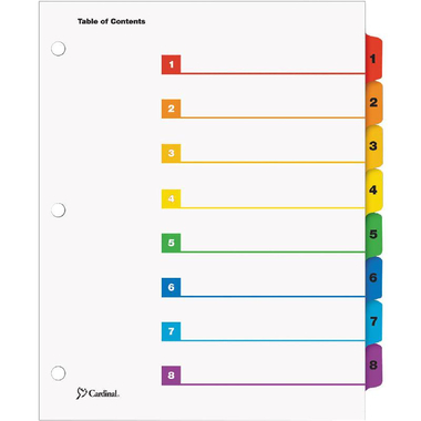 كاردينال ون ستيب Index Divider، رسالة، 8‎/‎علامات تبويب 1، علامة التبويب مرقمة، الوان متنوعة، ورق