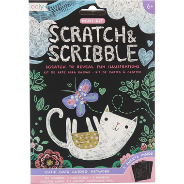 OOLY Scratch & Scribble Cutie Cats Guided Artwork, Mini Kit Scribbler, 4 Illustrated + 3 Rainbow;Scratch Cards;1 Wooden Scratching Tool;6 Sheets Inside