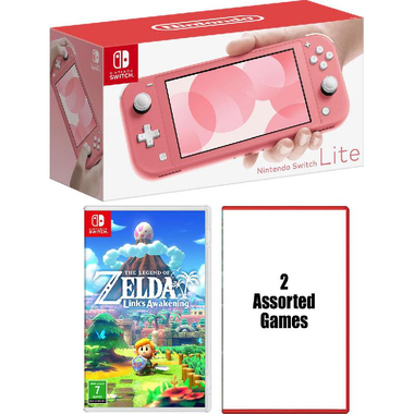 Nintendo Switch Lite 32 GB, Bundle with The Legend of Zelda: Links Awakening + 2 Assorted Games, Coral