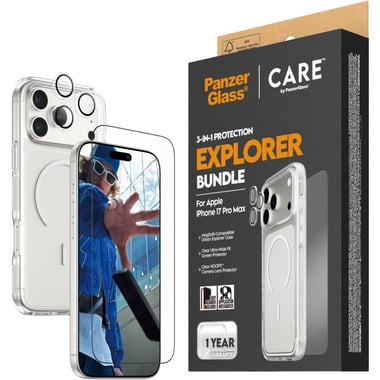 PanzerGlass 3-in-1 Pack Hard MagSafe Case + Ulta-Wide Fit Screen Protector + Hoops Camera Lens Protector Smartphone Case Bundle, for iPhone 17 Pro Max, Clear