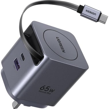 UGREEN Extend 65W GaN Fast Charger with Retractable USB-C Cable, USB PD (Power Delivery), 65 Watts, Dual USB (USB-C (PD)/USB-A), Grey