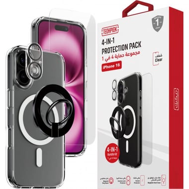 Techpick 4-in-1 Protection Pack MagSafe Hard Case + Tempered Glass + Camera Lens Protector + Magnetic Stand Smartphone Case Bundle, for iPhone 16, Clear