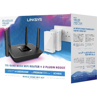 Linksys MR8300 + Velop (2-pack) Whole Home Mesh Wi-Fi, Wireless AC (802.11ac), Tri-Band (2.4 GHz/5 GHz/5 GHz), up to 192 Devices, 4 Port (LAN)/Single Port (WAN), Black/White