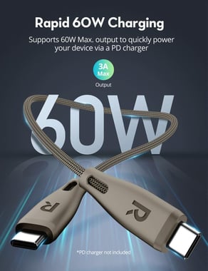 Ravpower Rp-Cb1037 Ravpower Rp-Cb1037 Nylon Braided C-C Cable 60w 1.2m Titanium Grey Sync & Charge Cable,1.2 Cm,Grey