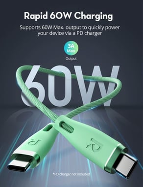 Ravpower Rp-Cb1037 Rp-Cb1037 Nylon Braided C-C Cable 60w 1.2m Teal Sync & Charge Cable,1.2 Cm,Green