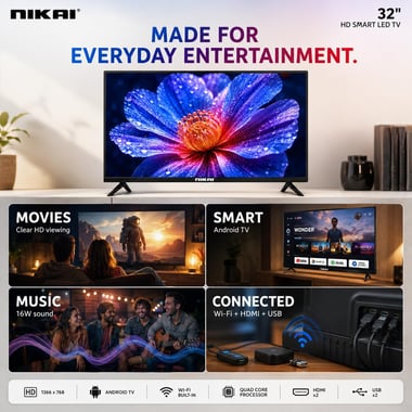 نيكاي 32 بوصة تلفزيون ذكي,دقة كاملة ليد,60 Hz,اسود,NTV3200SLED4