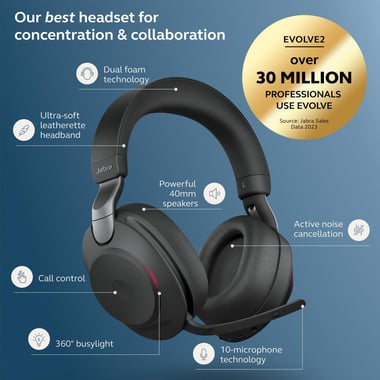 جابرا Evolve2 85 سماعات رأس فوق الأذن,خاصية الغاء الضجيج النشط,شحن يو اس بي سي,ميكروفون مخفي ودوار,أسود