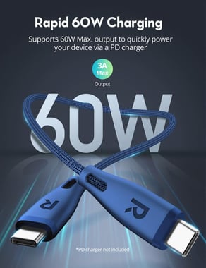 Ravpower Rp-Cb1037 Rp-Cb1037 Nylon Braided C-C Cable 60w 1.2m Ultramarine Sync & Charge Cable,1.2 Cm,Blue