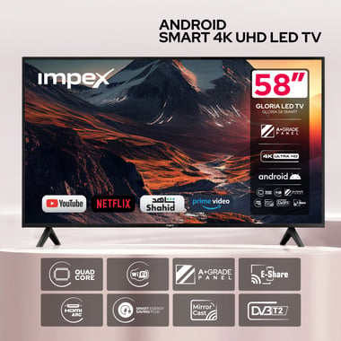 امبيكس 58 بوصة تلفزيون ذكي,UHD ليد,60 Hz,اسود,Impex 58 Inch Gloria Ultra HD Smart LED TV