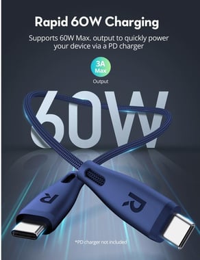 Ravpower Rp-Cb1037 Ravpower Rp-Cb1037 Nylon Braided C-C Cable 60w 1.2m Dark Blue Sync & Charge Cable,1.2 Cm,Dark Blue