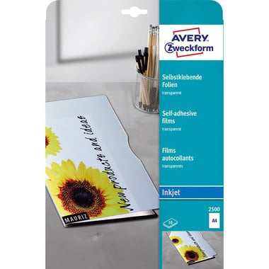 Avery Zweckform Self-adhesive Films, A4, Rectangle, Clear, 10 Labels/Pack