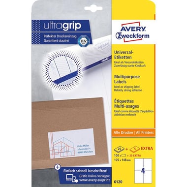 Avery Zweckform UltraGrip Multipurpose Labels, 105 mm X 148 mm, Rectangle, White, 4 Labels/Sheet, 25 Sheets/Pack