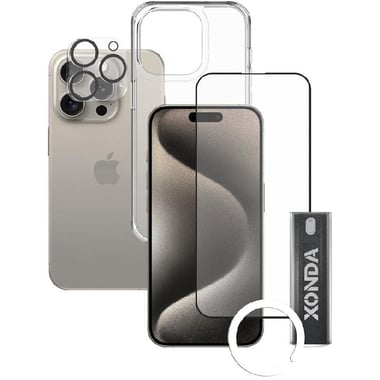Xonda 4-in-1 Clear Case + Tempered Glass + Camera Lens Protector + Anti-bacterial Spray Smartphone Case Bundle, for iPhone 15 Pro Max, Clear