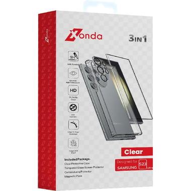 Xonda 3-in-1 Clear Case + Tempered Glass + Camera Lens Protector Smartphone Case Bundle, for Samsung Galaxy S23 Ultra, Clear