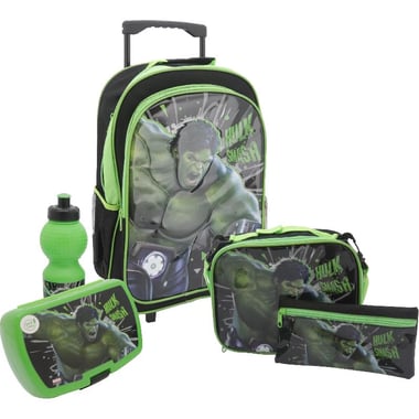 Marvel Hulk 5-in-1 Value Set Trolley Bag with Accessory, Black/Green/Multi-Color