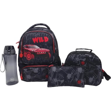 Atrium Wild Car 4-in-1 Value Set Backpack with Accessory, Black/Red/Grey