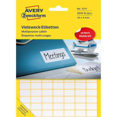 Avery Zweckform Multipurpose Labels, A6 - 16 X 9 mm, Rectangle, White, 2646 Labels