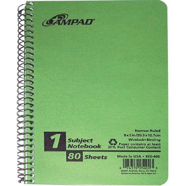 Ampad Notebook, Legal, 160 Pages (80 Sheets), Narrow Ruled, Green