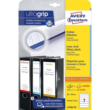 Avery Zweckform UltraGrip Multipurpose Labels, 192 mm X 38 mm, Rectangle, White, 175 Labels