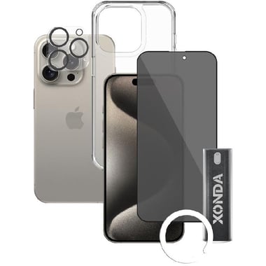 Xonda 4-in-1 Clear Case + Privacy Tempered Glass + Camera Lens + Anti-bacterial Spray Smartphone Case Bundle, for iPhone 15 Pro, Clear