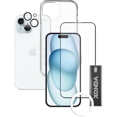 Xonda 4-in-1 Clear Case + Tempered Glass + Camera Lens + Anti-bacterial Spray Smartphone Case Bundle, for iPhone 15, Clear