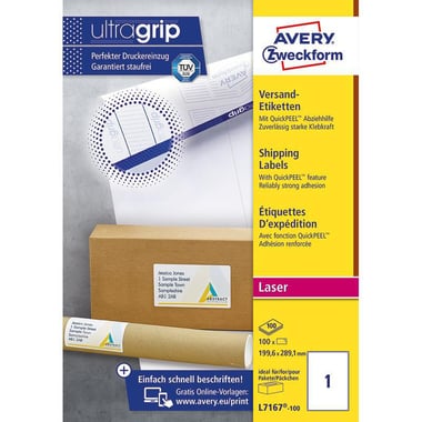 Avery Zweckform UltraGrip Shipping Labels, 199.6 X 289.1 mm, Rectangle, White, 100 Labels
