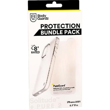 BodyGuardz Premium Protection Solitude Case + Pure2 Screen Protector Smartphone Case Bundle, for iPhone 13 Pro, Clear