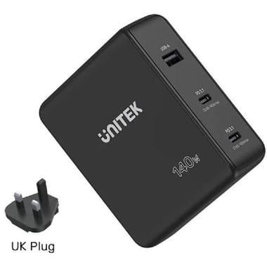 Unitek 140W GaN Wall Charger, 140 Watts, 3 USB (2X USB-C/1X USB), Black