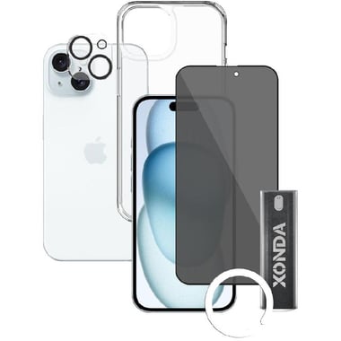 Xonda 4-in-1 Clear Case + Privacy Tempered Glass + Camera Lens + Anti-bacterial Spray Smartphone Case Bundle, for iPhone 15 Plus, Clear