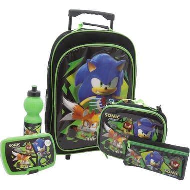 Sonic مجموعة قيمة 5 في 1 حقيبة بعجلات مع ملحقات، أسود‎/‎أخضر