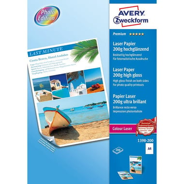 Avery Zweckform Colour Laser Photo Paper, Glossy, White, A4, 200 gsm, 200 Sheets