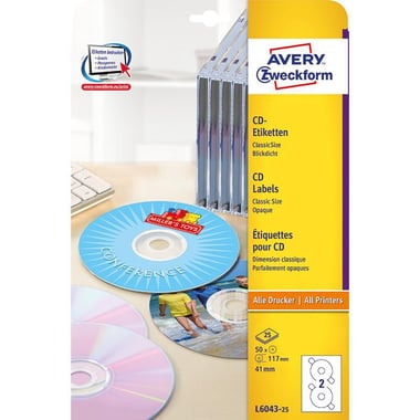 Avery Zweckform CD/DVD Labels, 117 mm Diameter, Round, White, 50 Labels/Pack